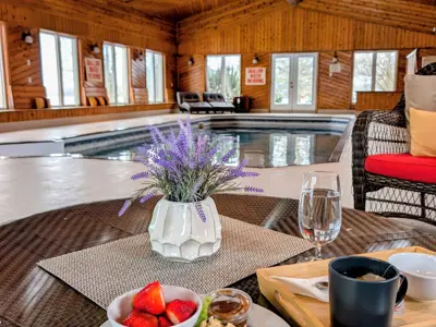 A light lunch is served poolside in an indoor spa