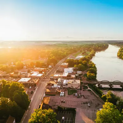 Aerial view of Caledonia and the bridge 