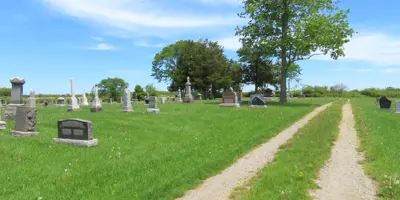 A cemetery sits down a country laneway with green trees in the background