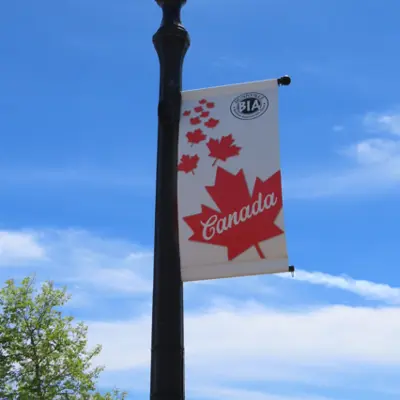 a flag hanging on a light post with maple leafs on it