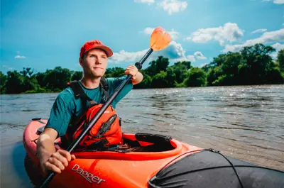 A man paddles a kayak on a river